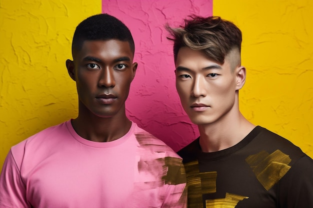 Man levensstijl roze portret studio zwart trendy blanke mode groep vrienden generatieve AI