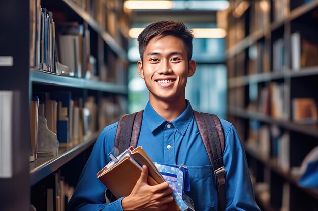 A man in a library holding a book