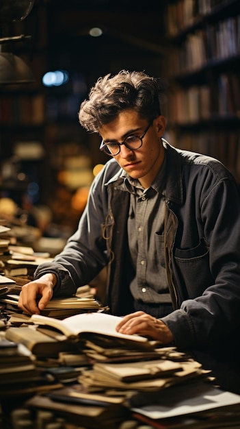 Man in a library sitting at his desk with a book open