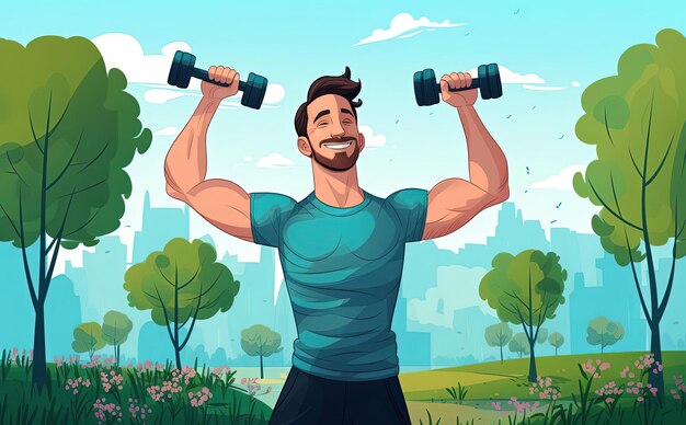 Photo man lifting dumbbells in a park in the style of light teal joyful and optimistic