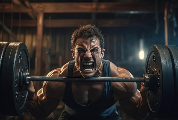 Un uomo che solleva pesi in palestra nello stile di una composizione drammatica