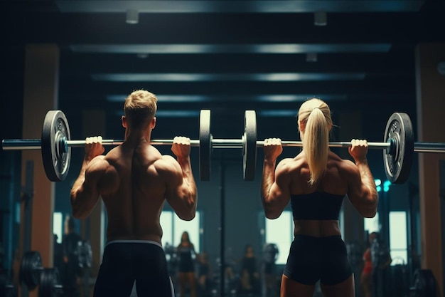 a man lifts a barbell with a woman standing behind him