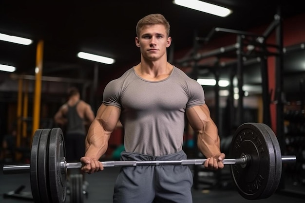 a man lifts a barbell with the words  bodybuilder  on the chest