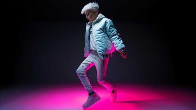 A man in a light blue jacket and white pants is dancing on a neon floor.