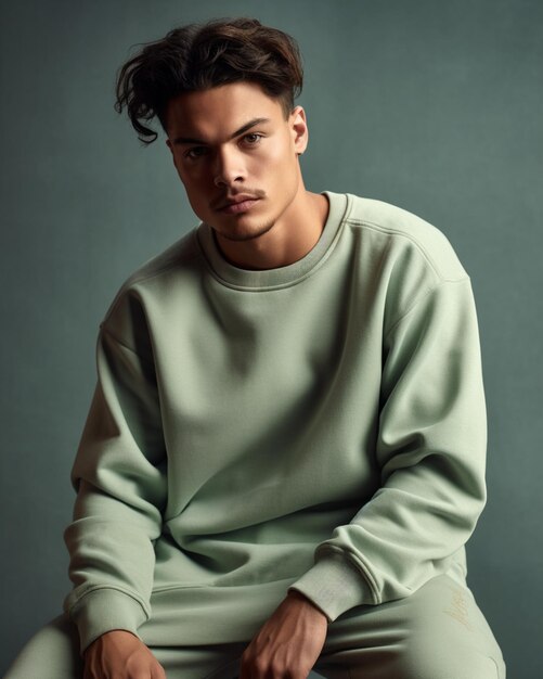 A man in a light green sweater sits on a stool.