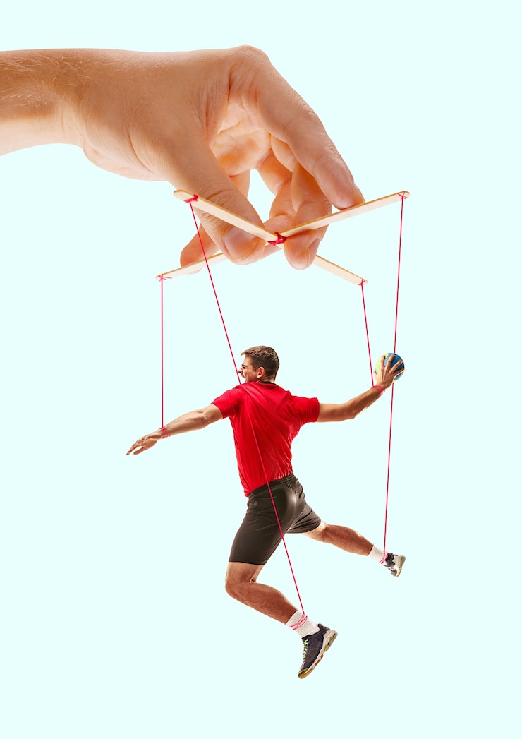 Photo man like a puppet in somebodies hands. concept of manipulation