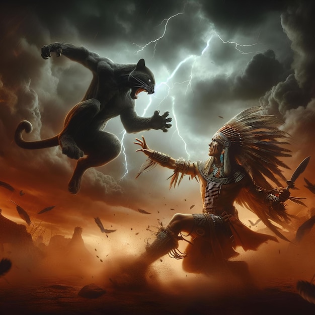 a man and a lion are fighting in a storm
