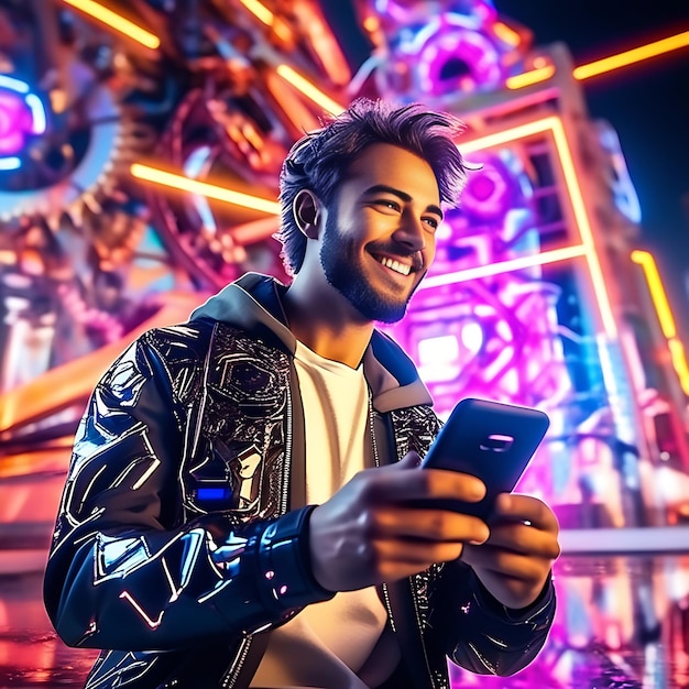 A man listening music happy young man spending time outdoors looking around on phone screen video