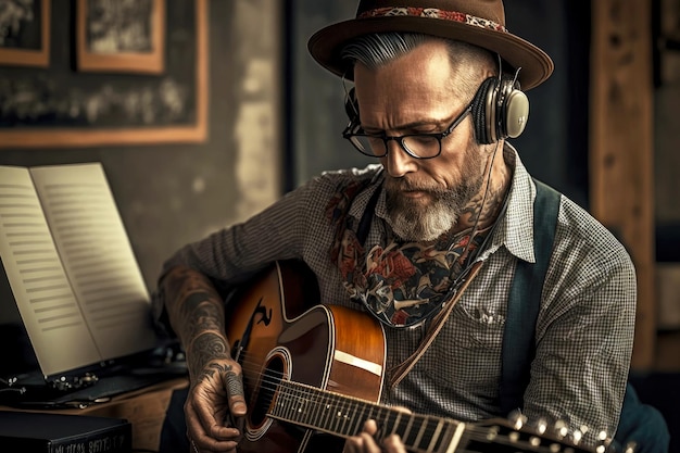 Man listening to music on headphones next to guitar