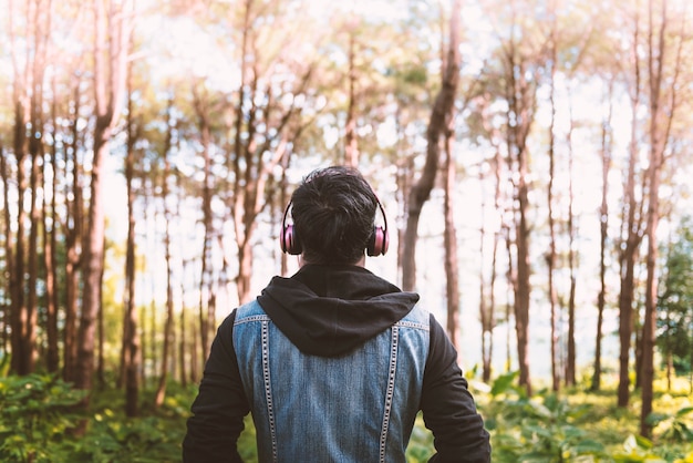 Man listening to music on the headphones 