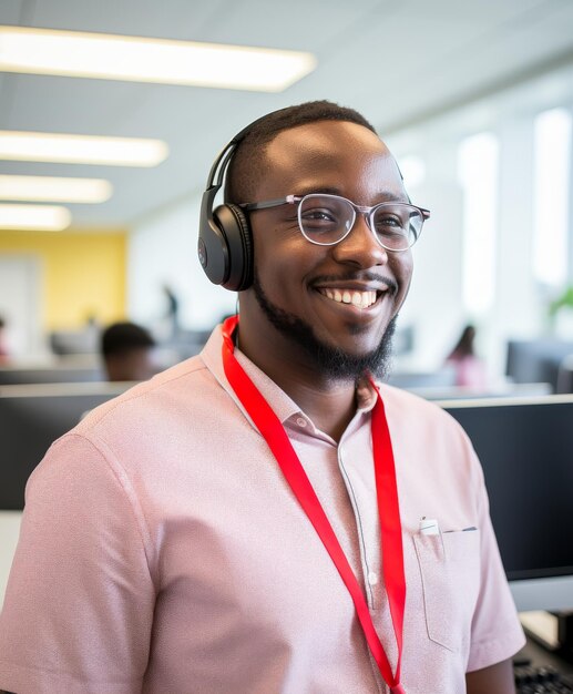 Photo man listening to music in pink shirt