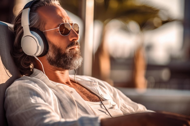 Photo man listening music or relaxing nature sounds in large headphones handsome middle age man with beard enjoying life mental health work life balance concept ai generated content