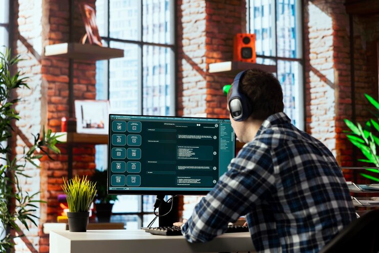 Photo man listening music uses conversational ai bot