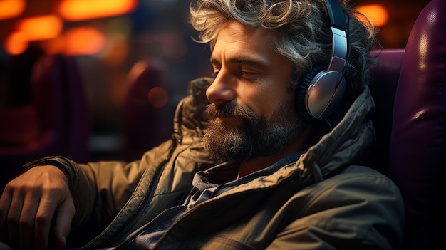 Man listening music with a headphones Music