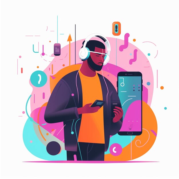 Man listening to music with headphones and smartphone Vector illustration