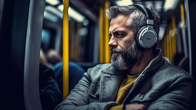 man listening soundtracks on a train