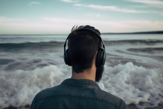 A man listens to music with headphones and looks at the sea