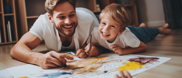 Photo a man and a little boy laying on the floor