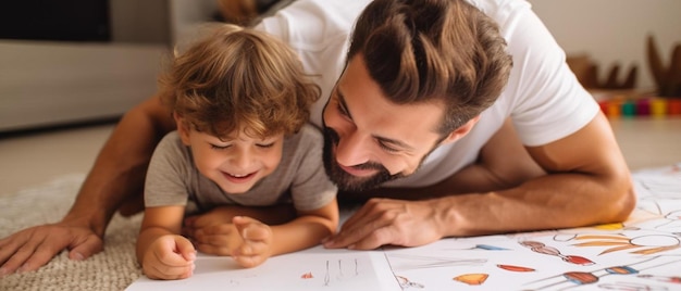 a man and a little boy laying on the floor