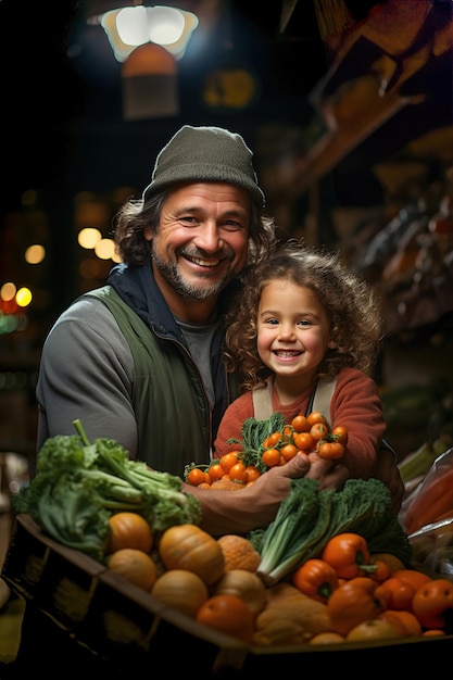 A man and a little girl are looking at some vegetables on the market