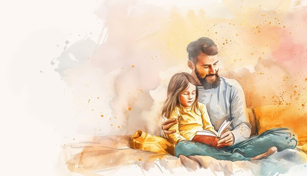 A man and a little girl are sitting on a couch reading a book together