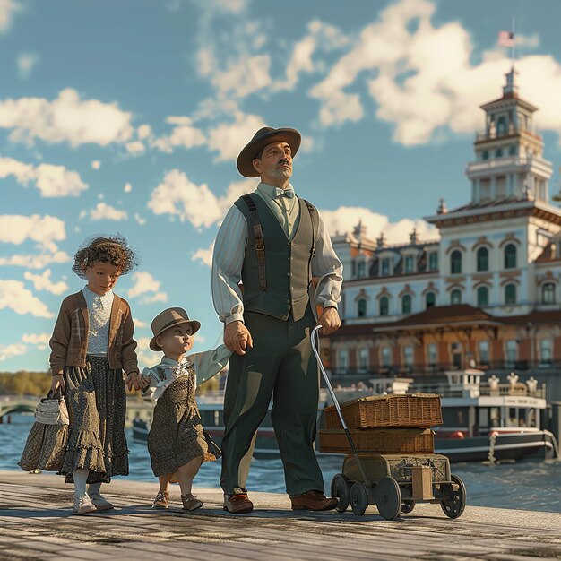 Photo a man and a little girl are standing on a pier with a cart with a basket of food