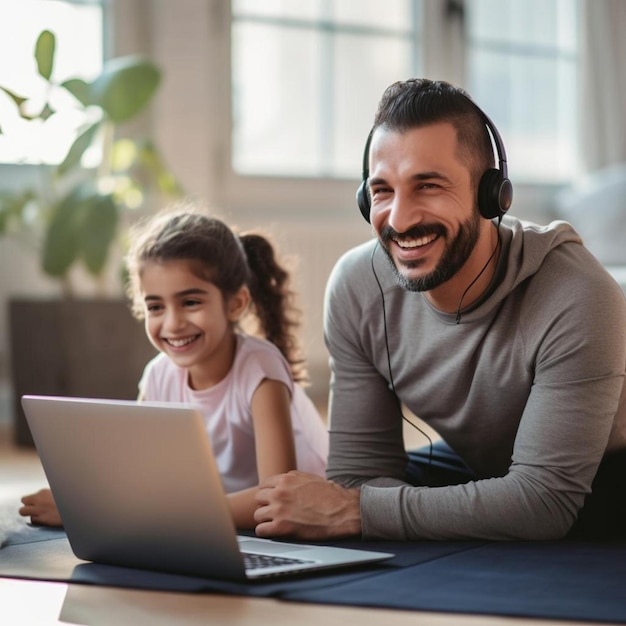 a man and a little girl laying on the floor with a laptop