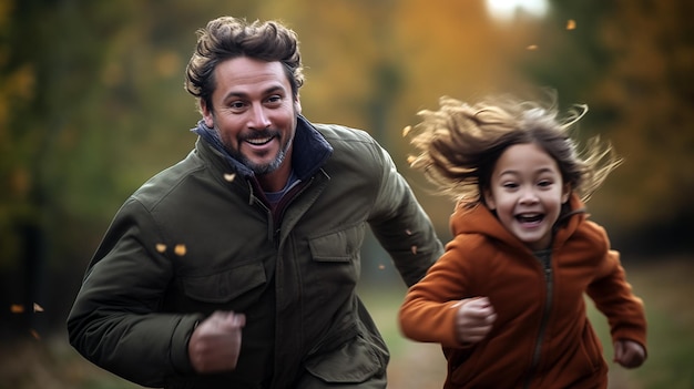 A man and a little girl running through a park