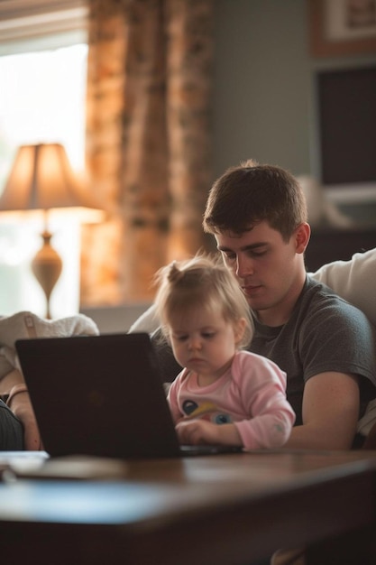 a man and a little girl sitting on a couch with a laptop