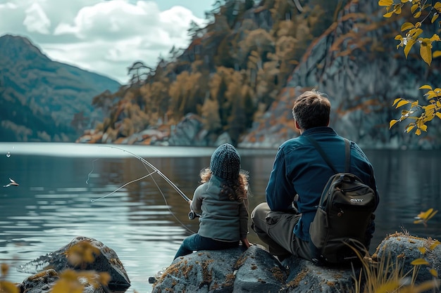 岩の上に座って釣りをしている男と小さな女の子