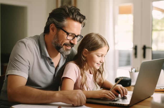 Man and little girl using laptop for work and learning together