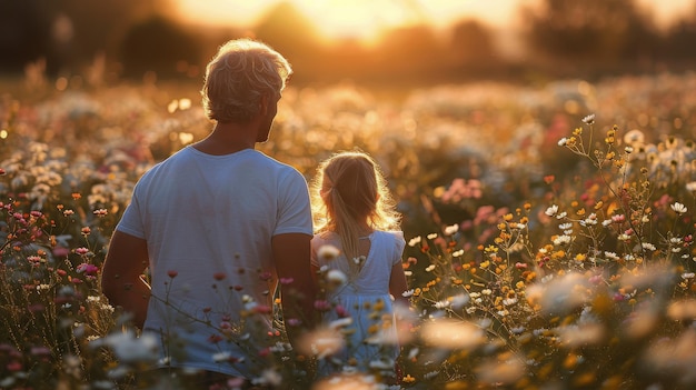 Man and Little Girl Walking Through Field of Flowers