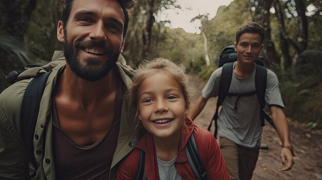 Foto uomo e ragazzina che camminano nel bosco festa dei padri