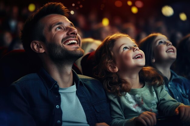 Photo man and little girl watching movie