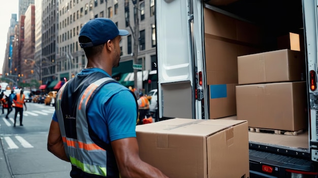 Photo man loading box into moving truck