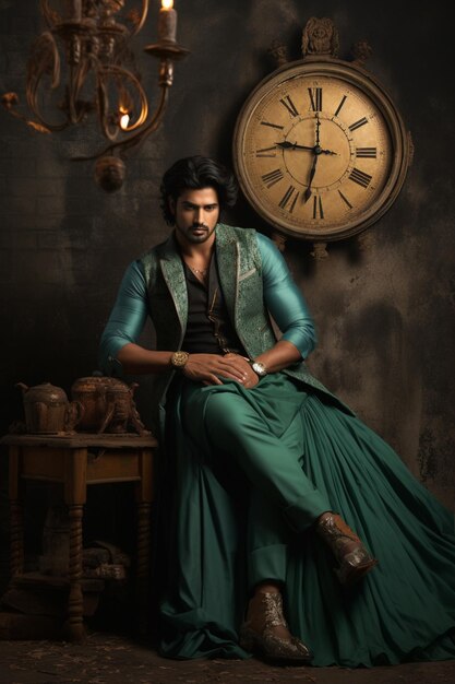 a man in a long green dress sitting in front of a clock