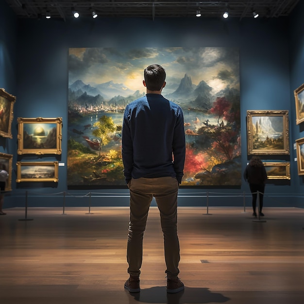 美術館で美術品を見ている男性