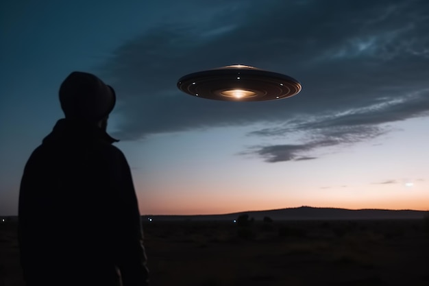 Фото Человек смотрит на светящийся нло в небе инопланетная тарелка, летящая над полем в вечернее время внеземная цивилизация научная фантастика вид сзади избирательный фокус на неопознанный летающий объект генеративный ии