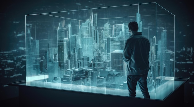 A man looking at blue hologram screen showing the city plan with the light teal and light black Generative AI AIG21