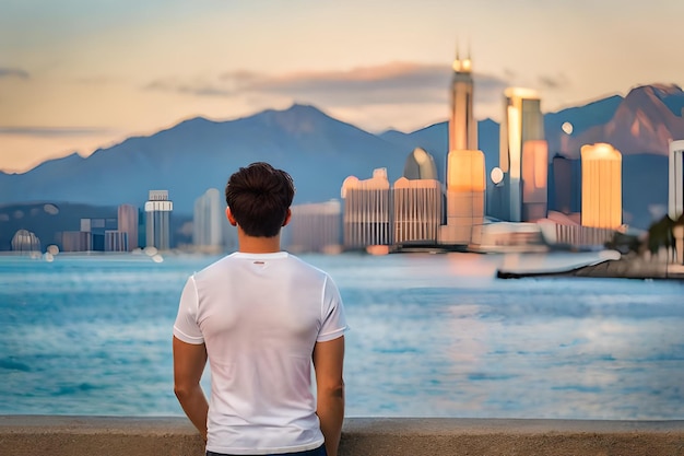 A man looking at the city of hong kong