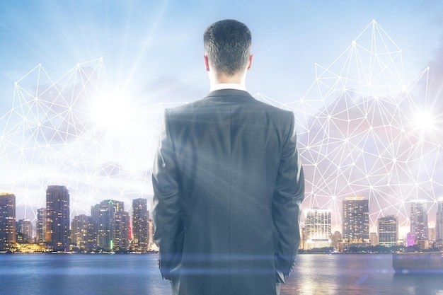 man looking at city with polygonal pattern
