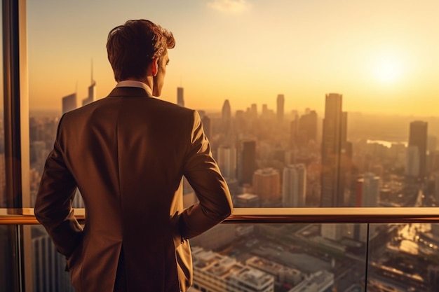 Man looking at a cityscape from a balcony