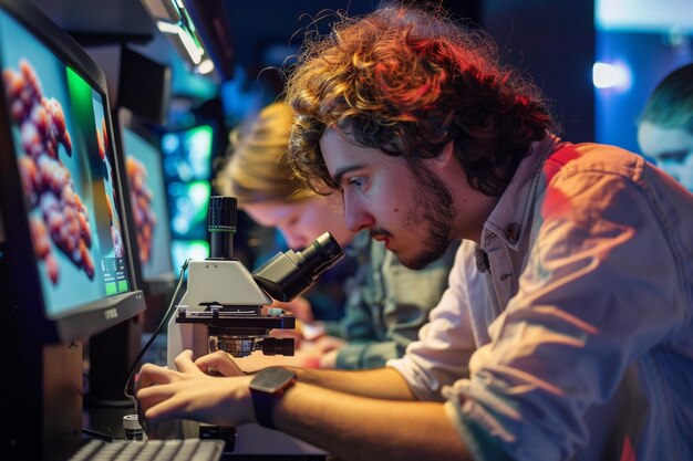 Photo a man looking at a computer screen with a red light on it