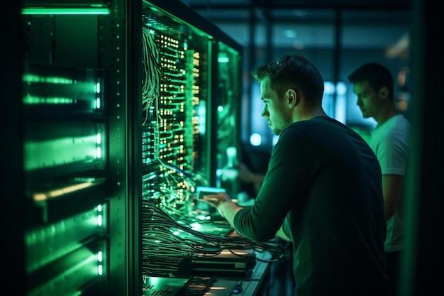 a man looking at a computer with the word " power " on the bottom.