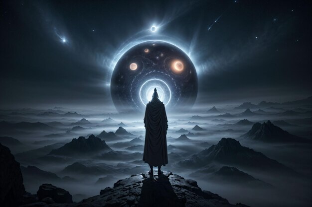 man looking at a cosmic ball in the horizon