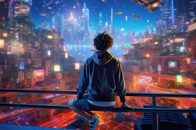 네온 색상의 극단적인 근접 촬영에서 사이버펑크 도시를 바라보는 남자 Generative AI