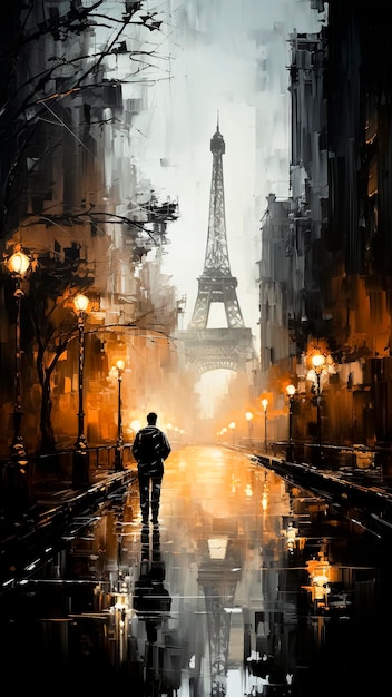 Man Looking at The Eiffel Tower Enchanting Nocturnal Cityscape Oil Painting Style