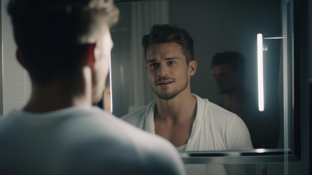 Photo a man looking at himself in a mirror