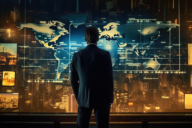 a man looking at a huge digital display with world map showing global network connections