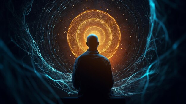 A man looking into a space with glowing light in the style of spiritual meditations